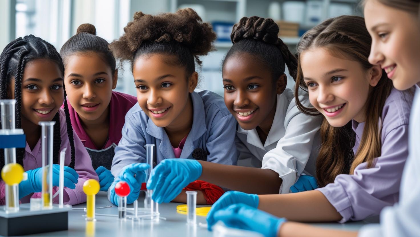 create a photo girls 12-16 years old doing mainly science project (2)